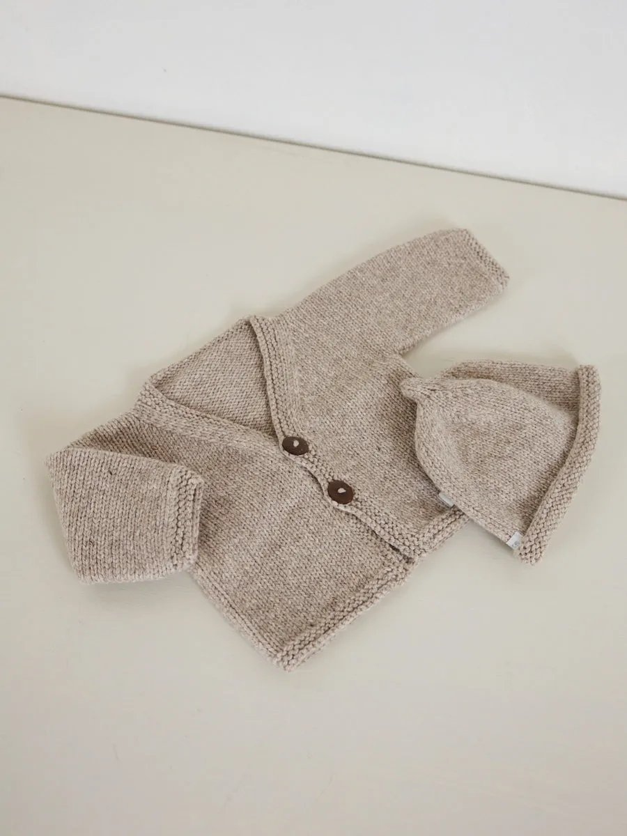 Hand Knitted Classic Cardigan & Beanie Set | Oatmeal 3-6 Months