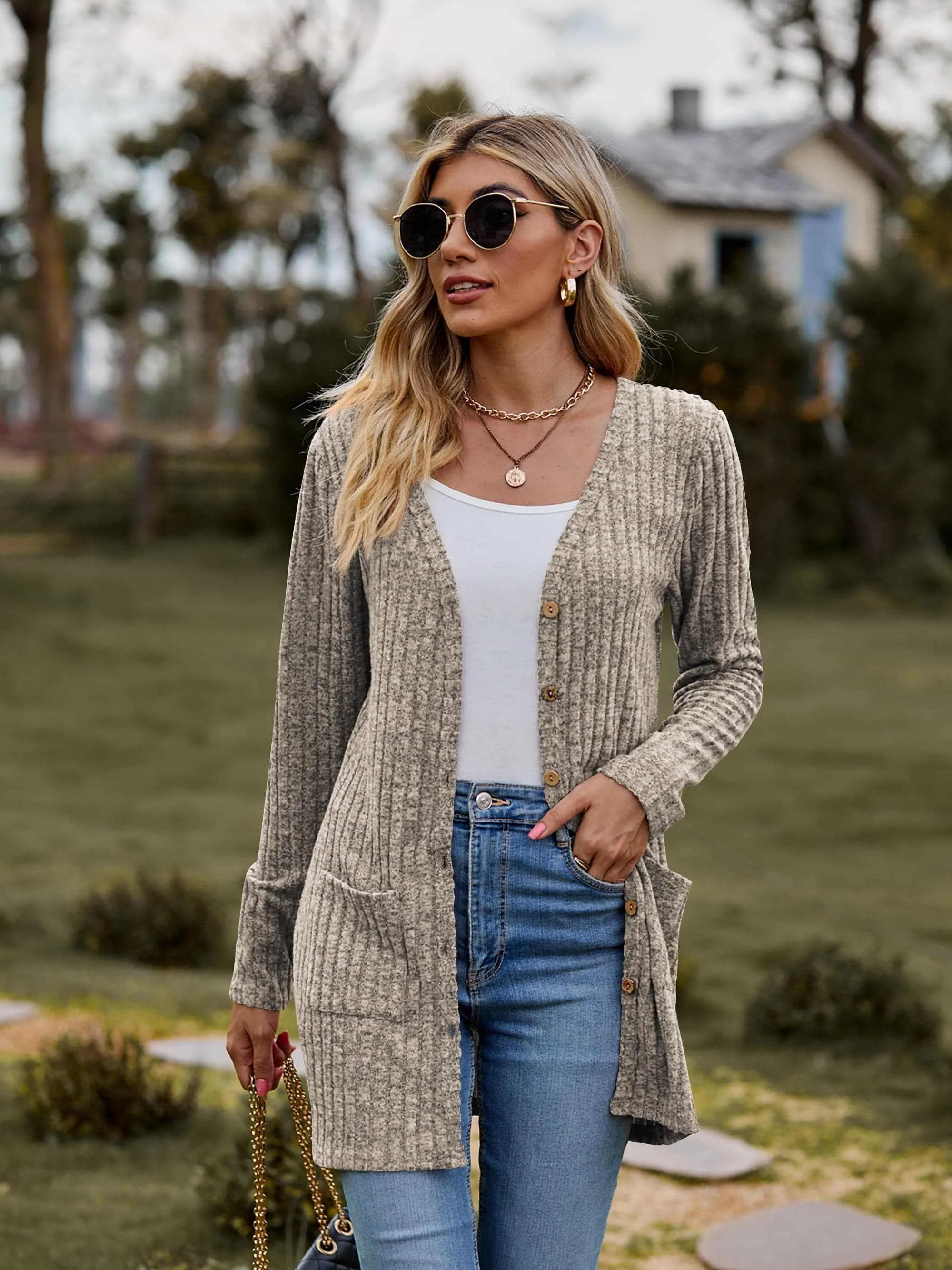 Heathered ribbed cardigan with pockets