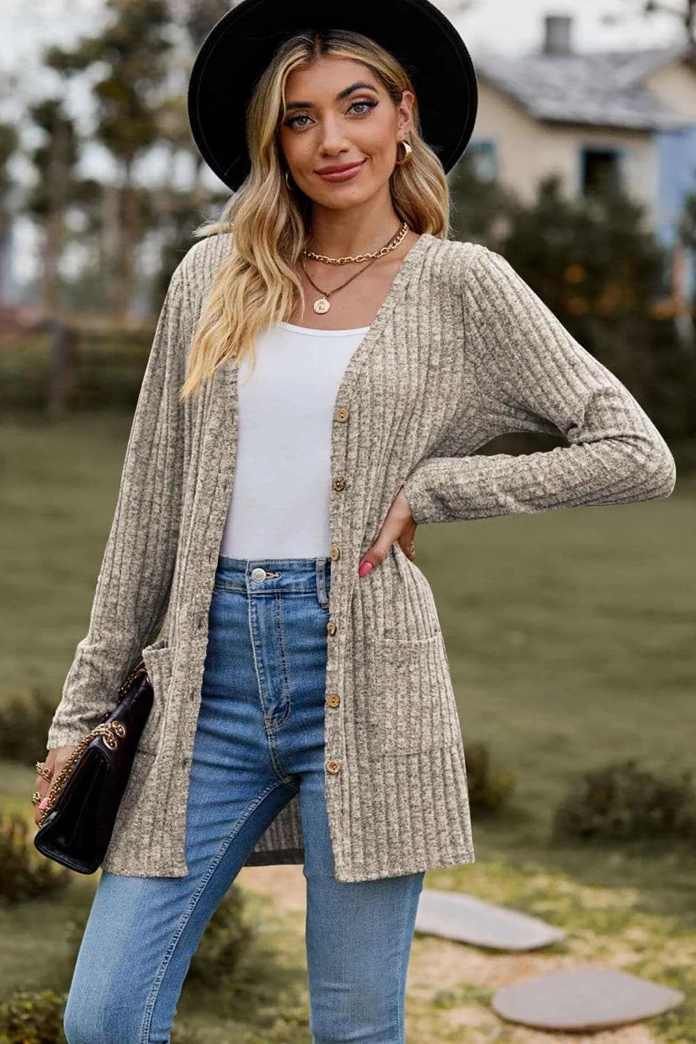 Heathered ribbed cardigan with pockets
