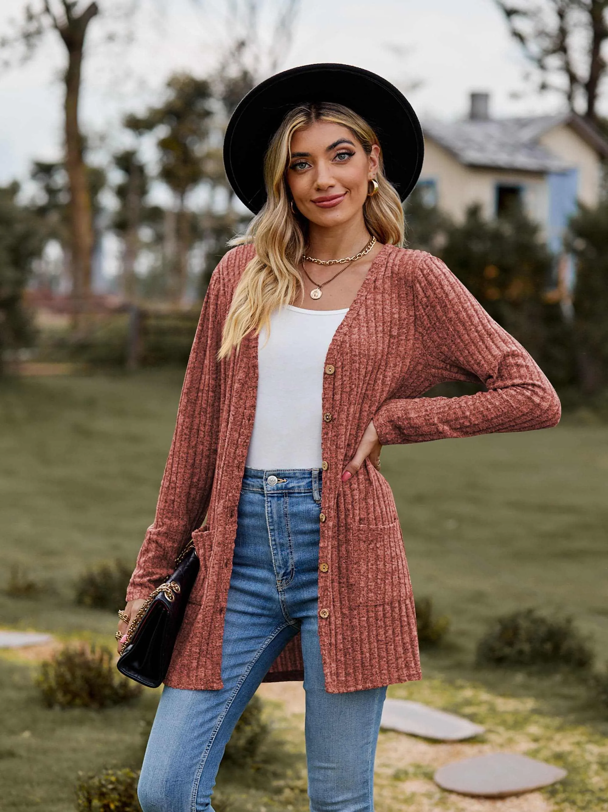 Heathered ribbed cardigan with pockets