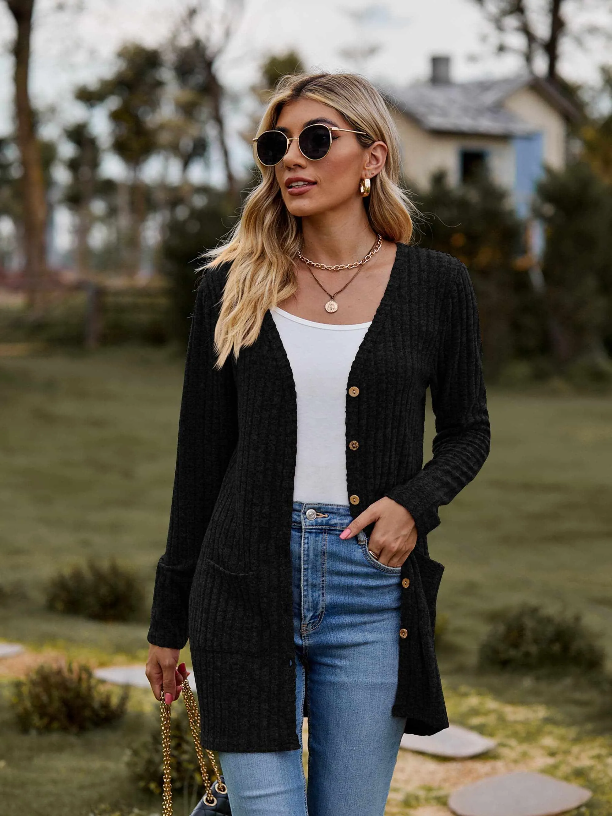 Heathered ribbed cardigan with pockets