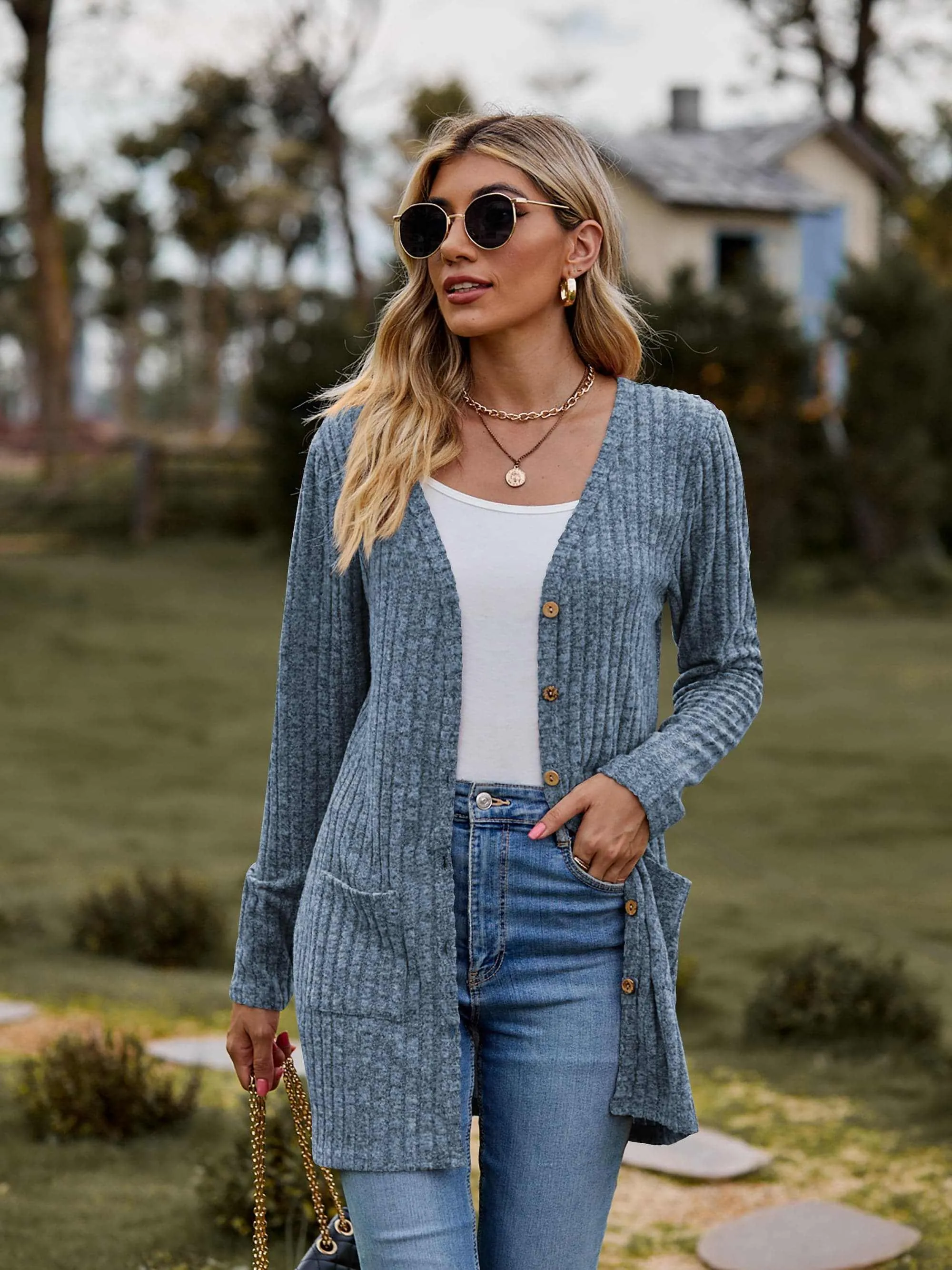 Heathered ribbed cardigan with pockets