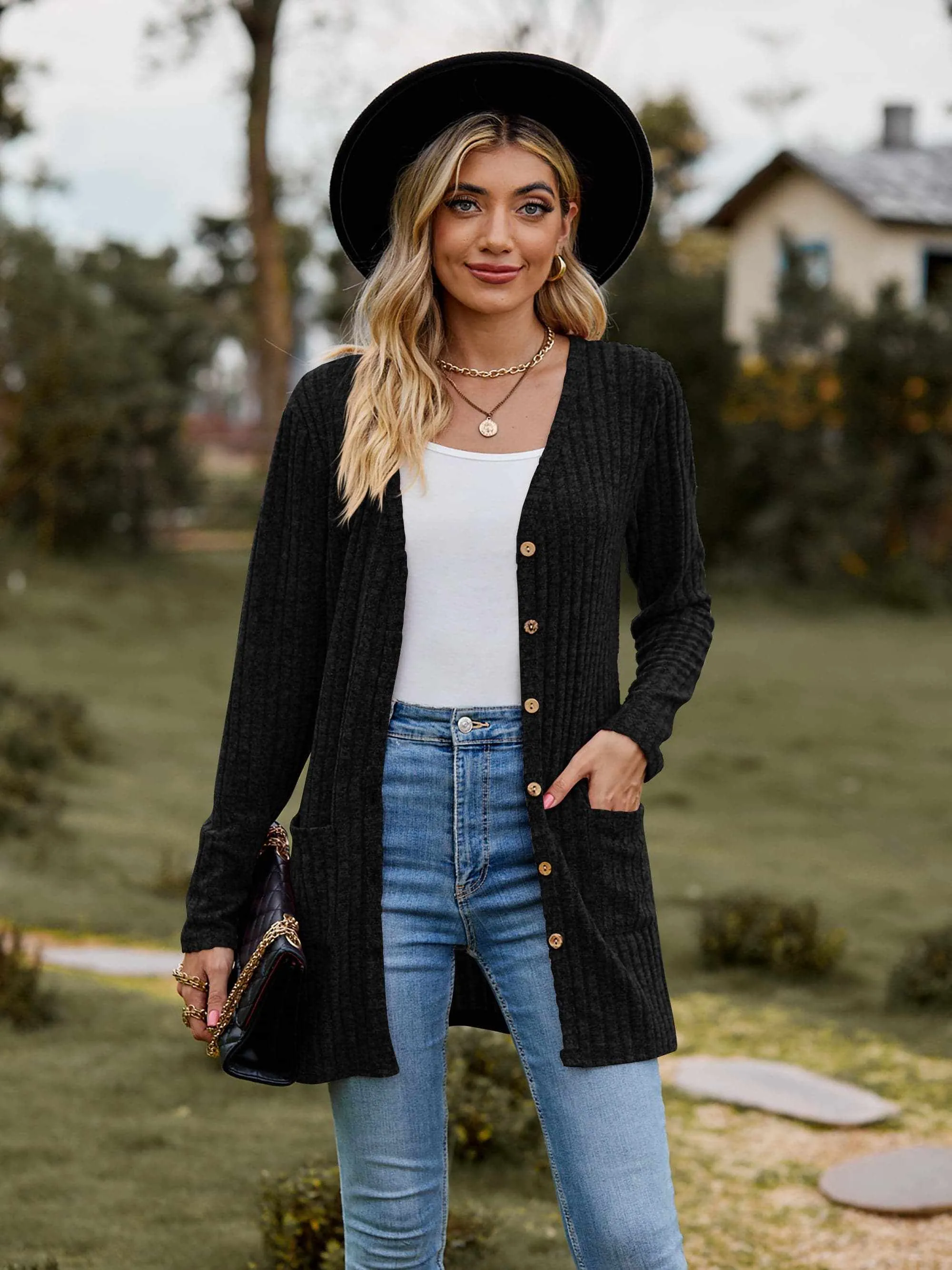 Heathered ribbed cardigan with pockets