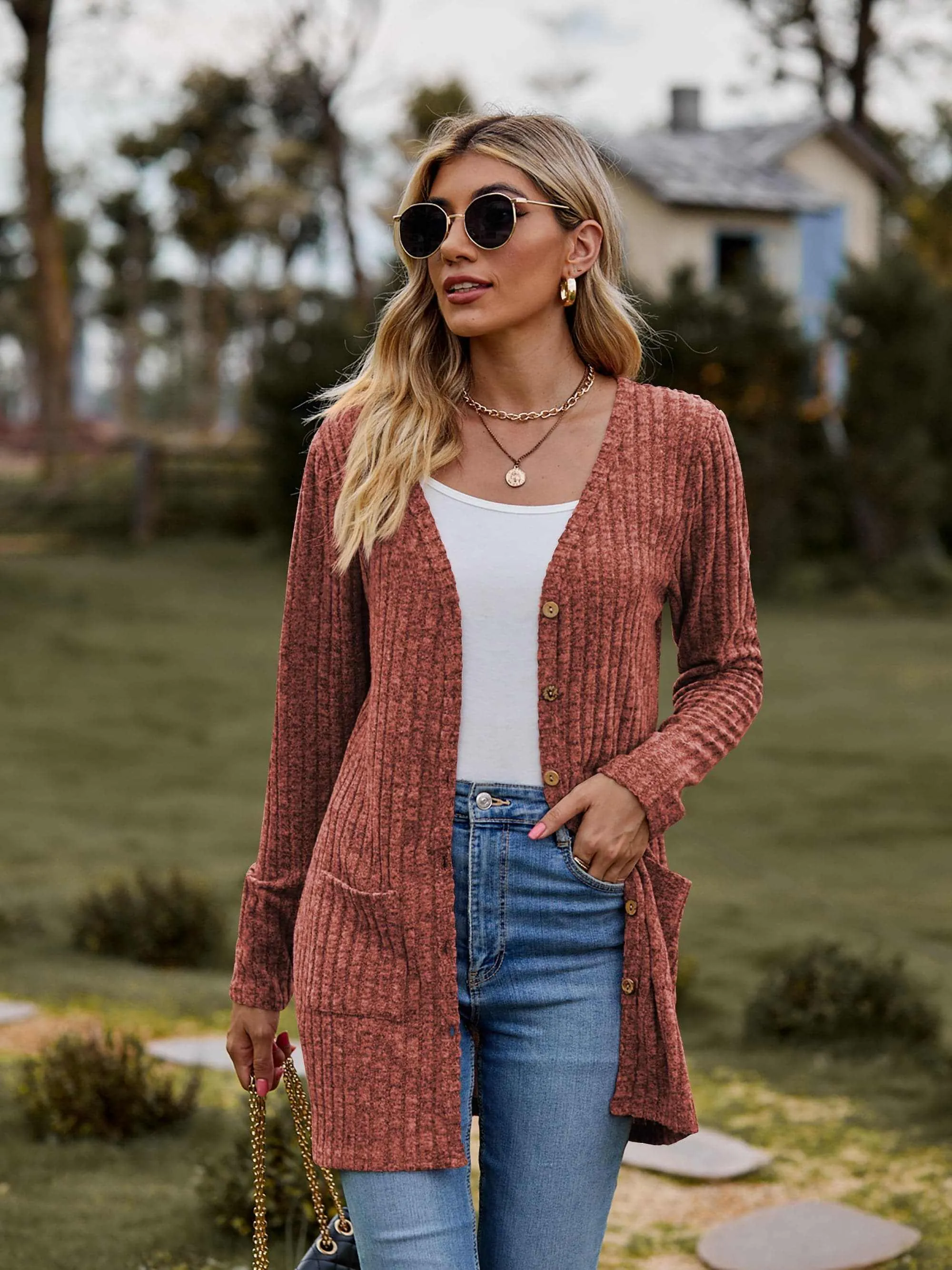 Heathered ribbed cardigan with pockets