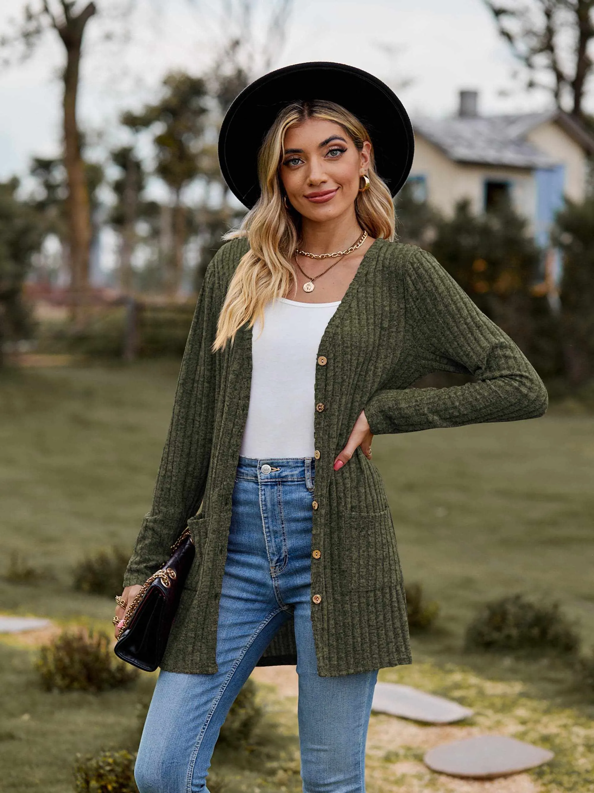 Heathered ribbed cardigan with pockets