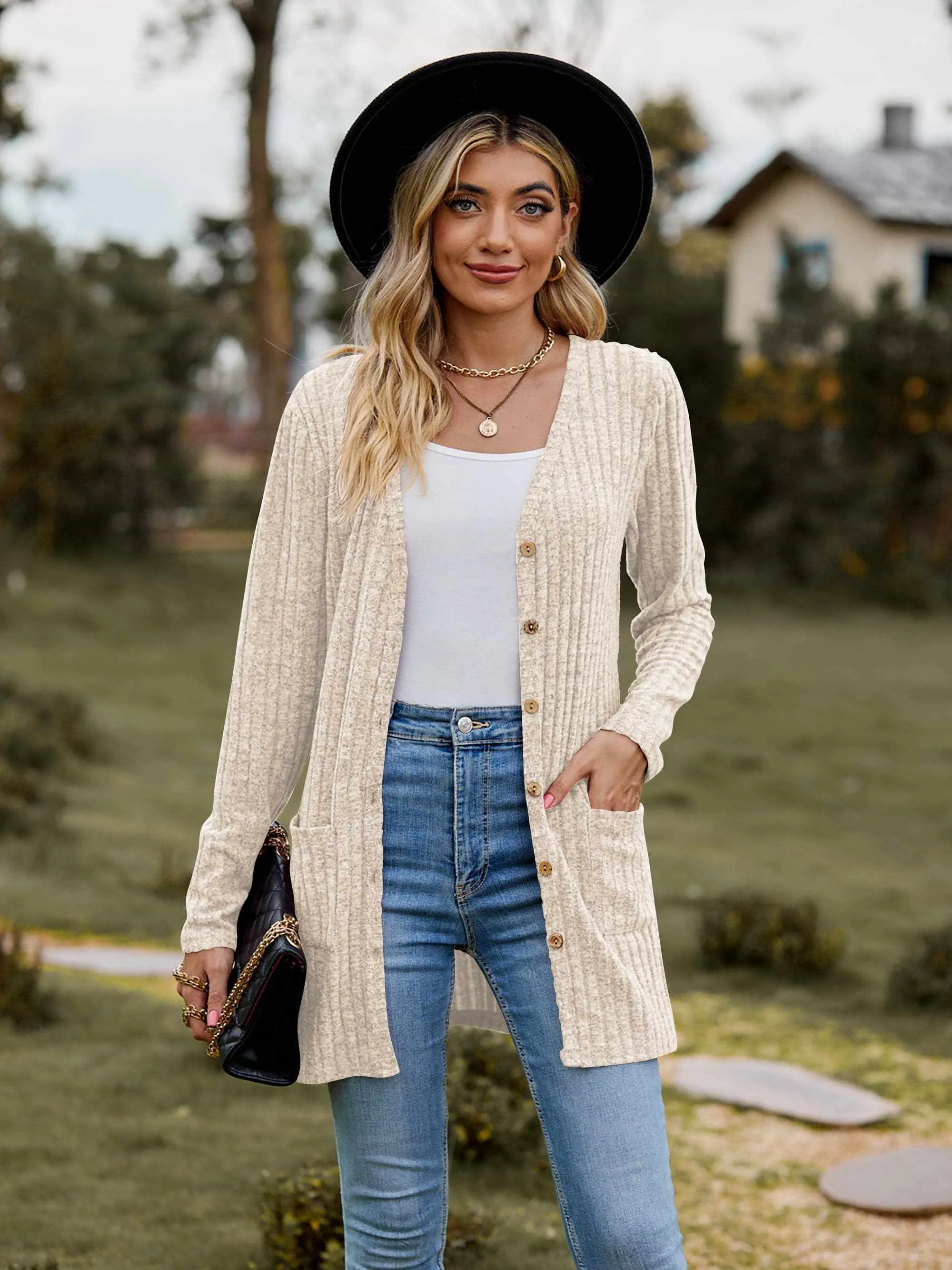 Heathered ribbed cardigan with pockets