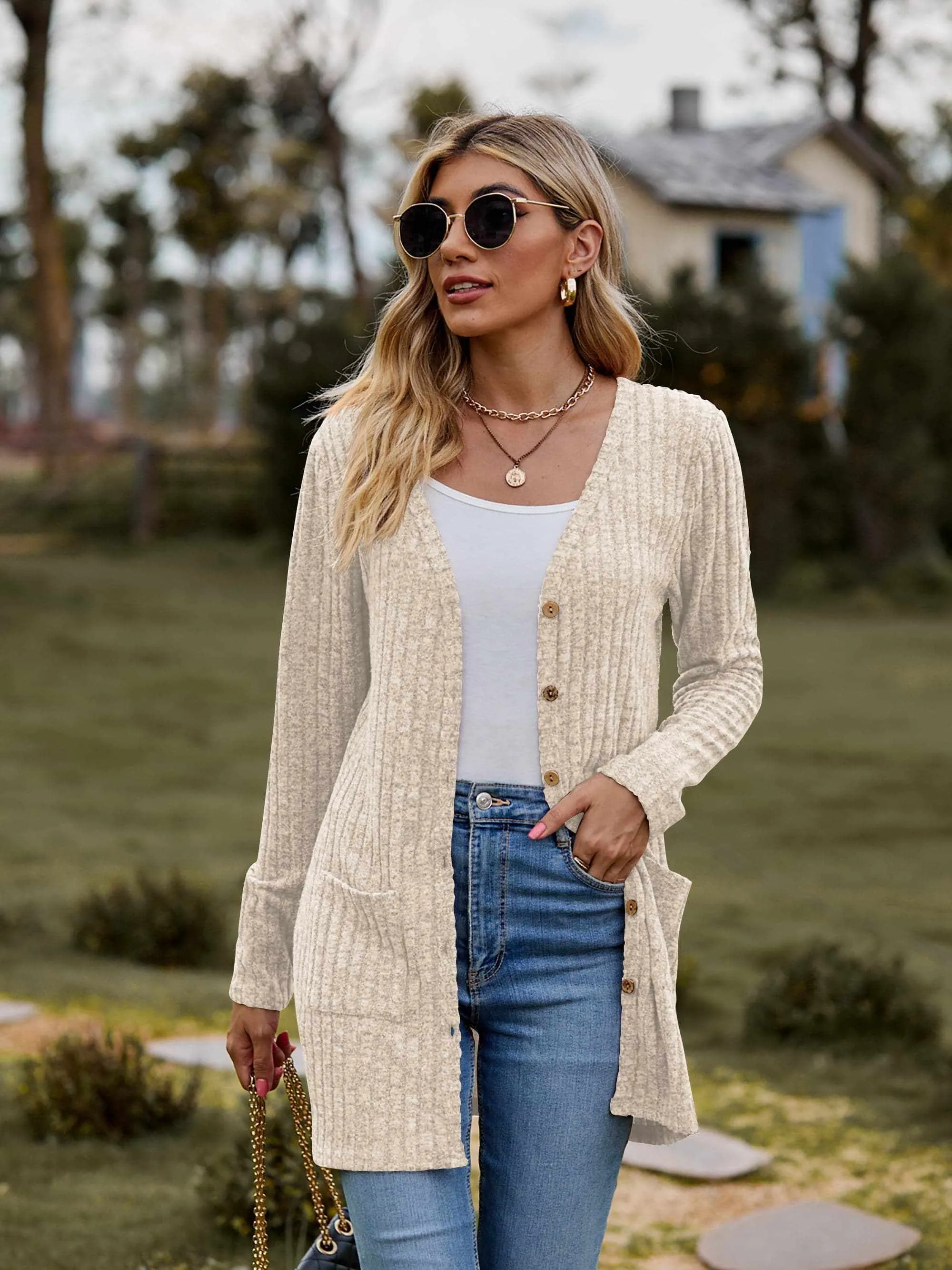 Heathered ribbed cardigan with pockets