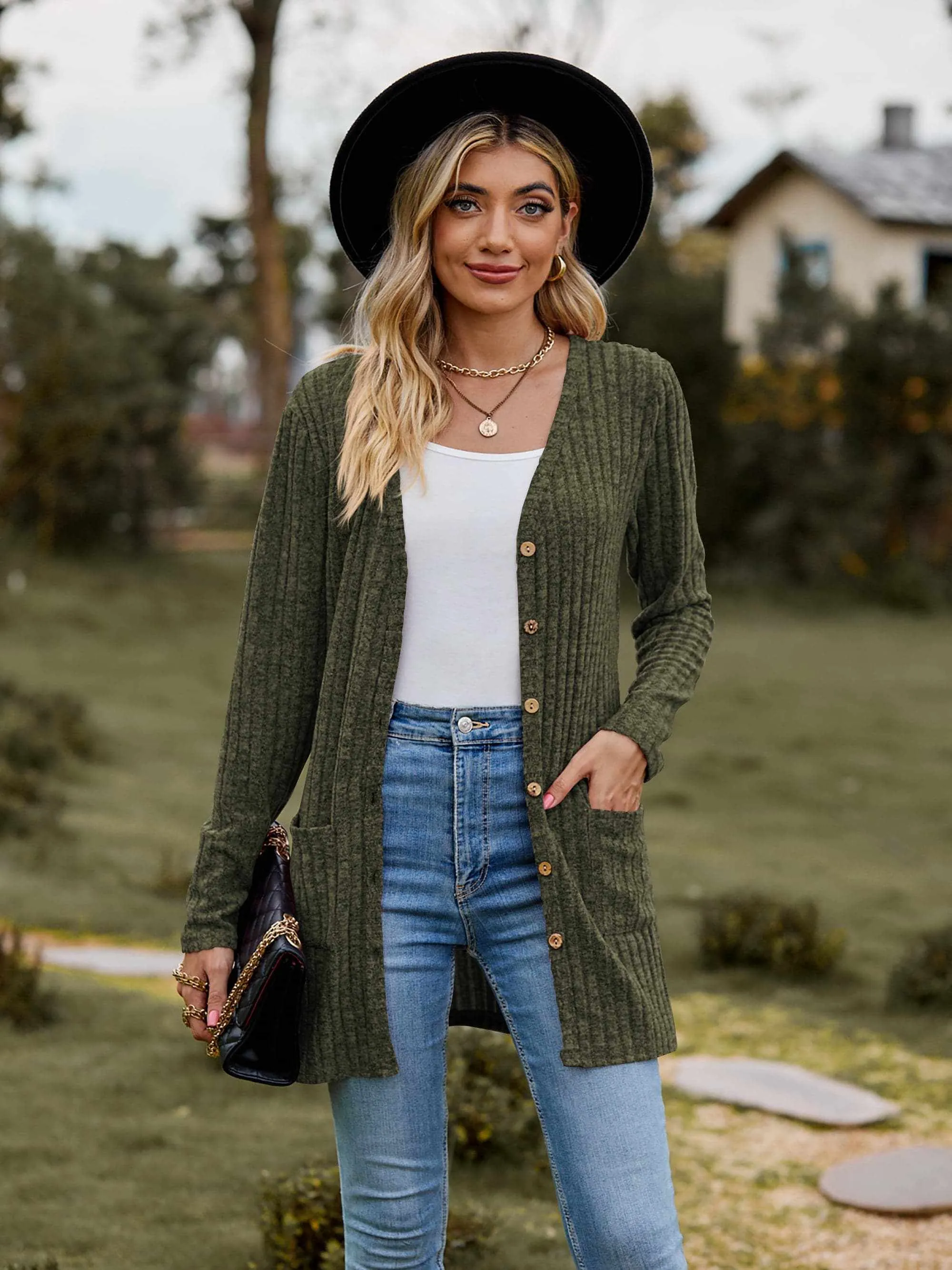 Heathered ribbed cardigan with pockets