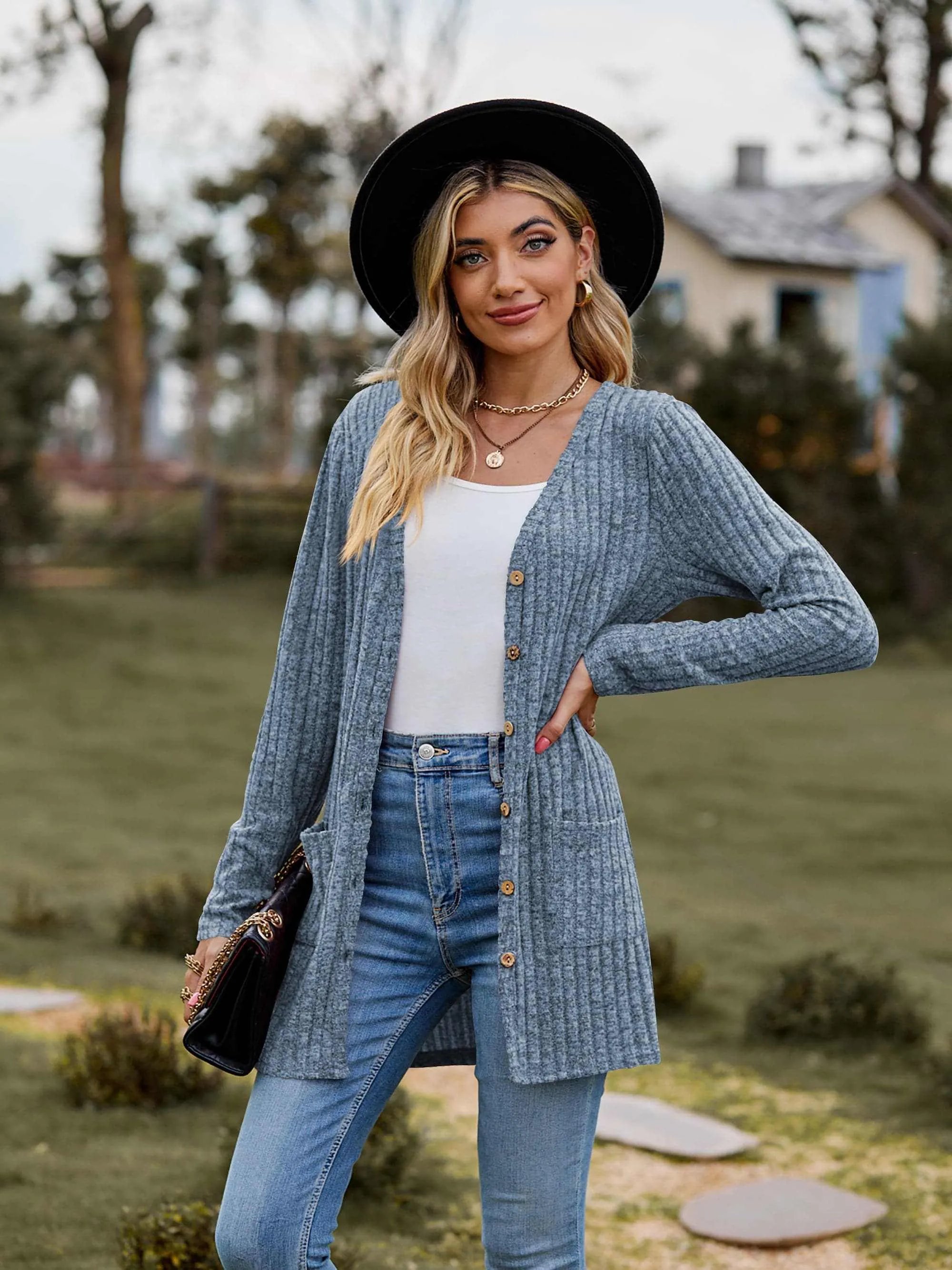 Heathered ribbed cardigan with pockets