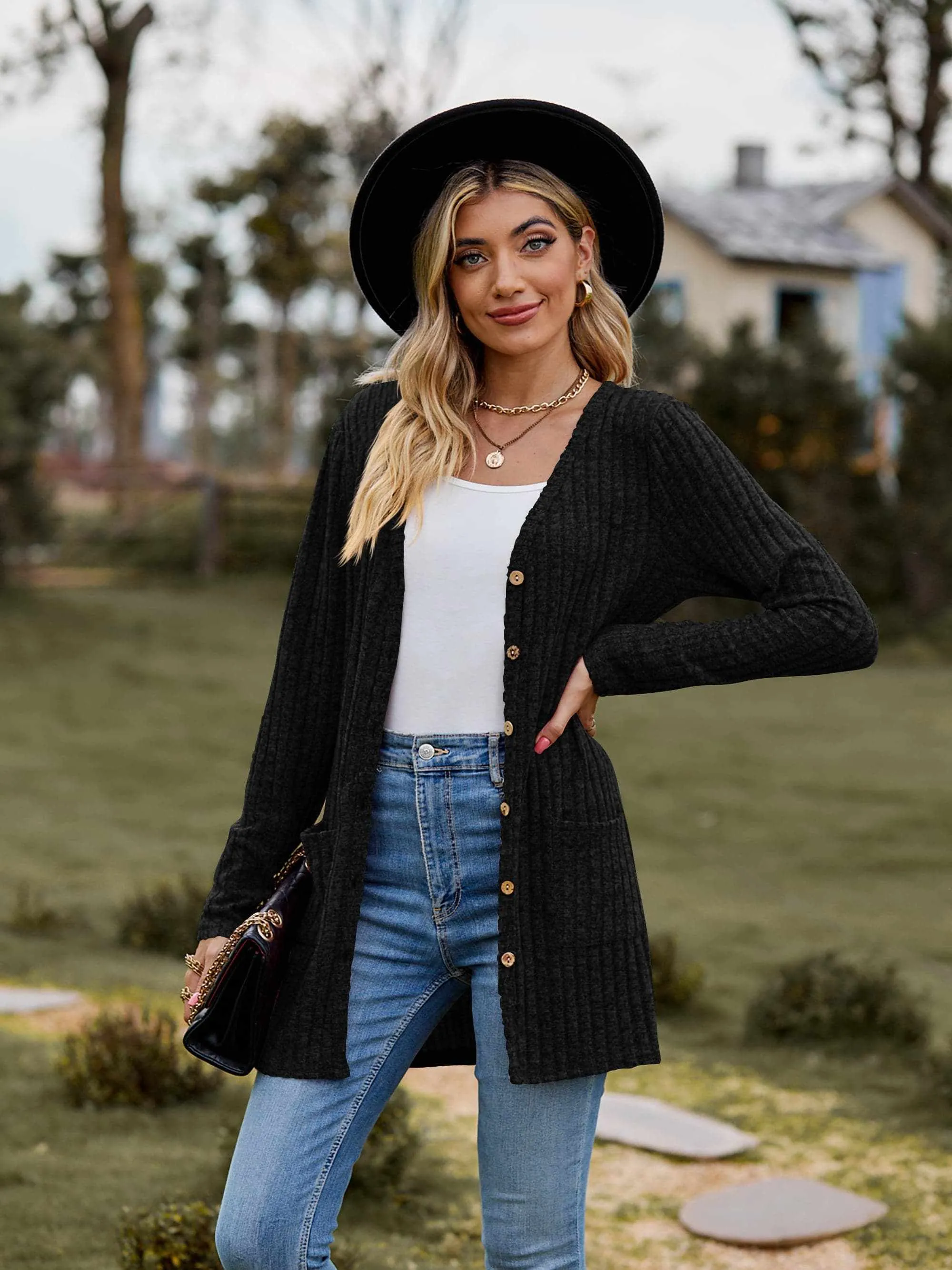 Heathered ribbed cardigan with pockets