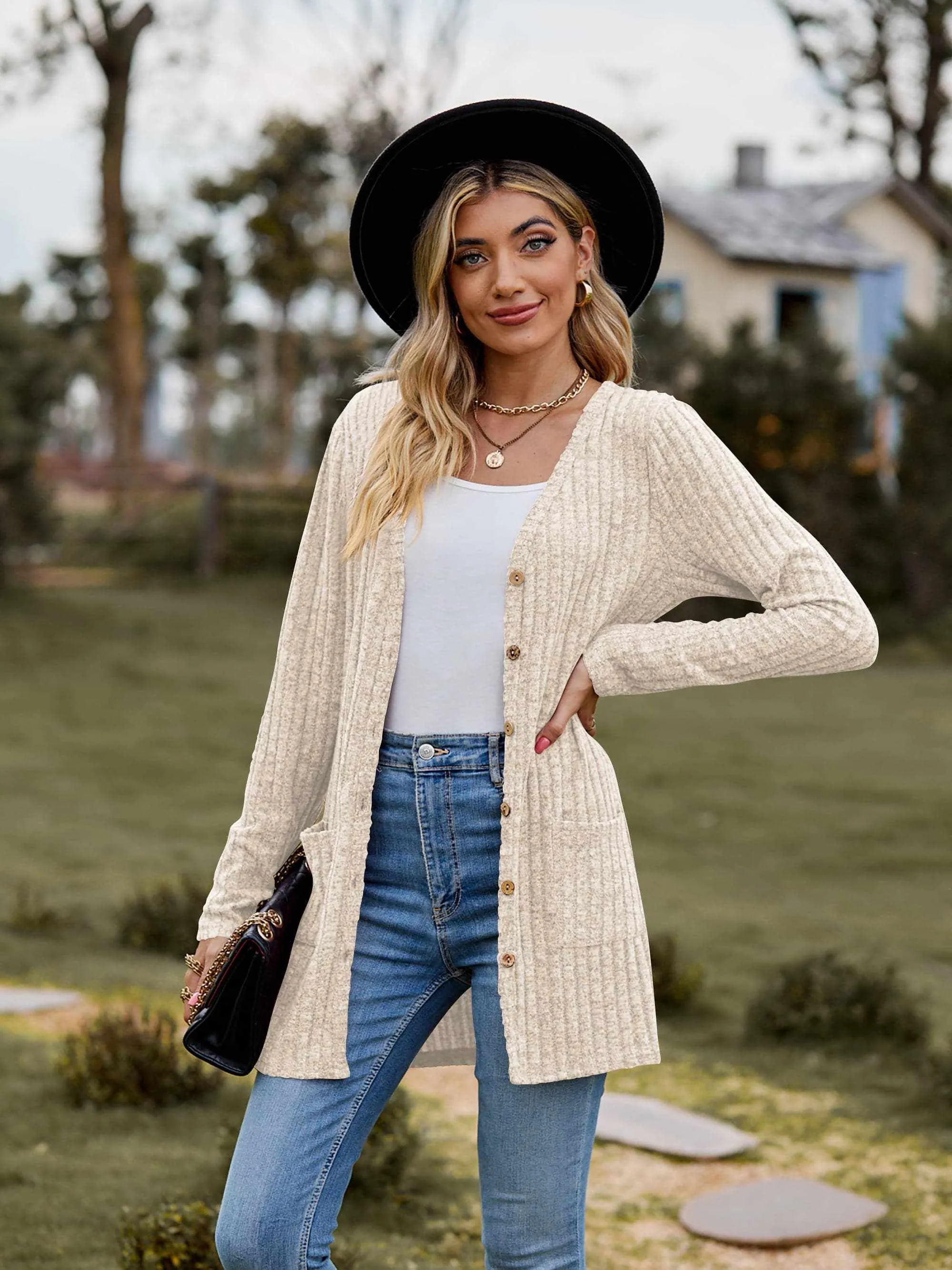 Heathered ribbed cardigan with pockets