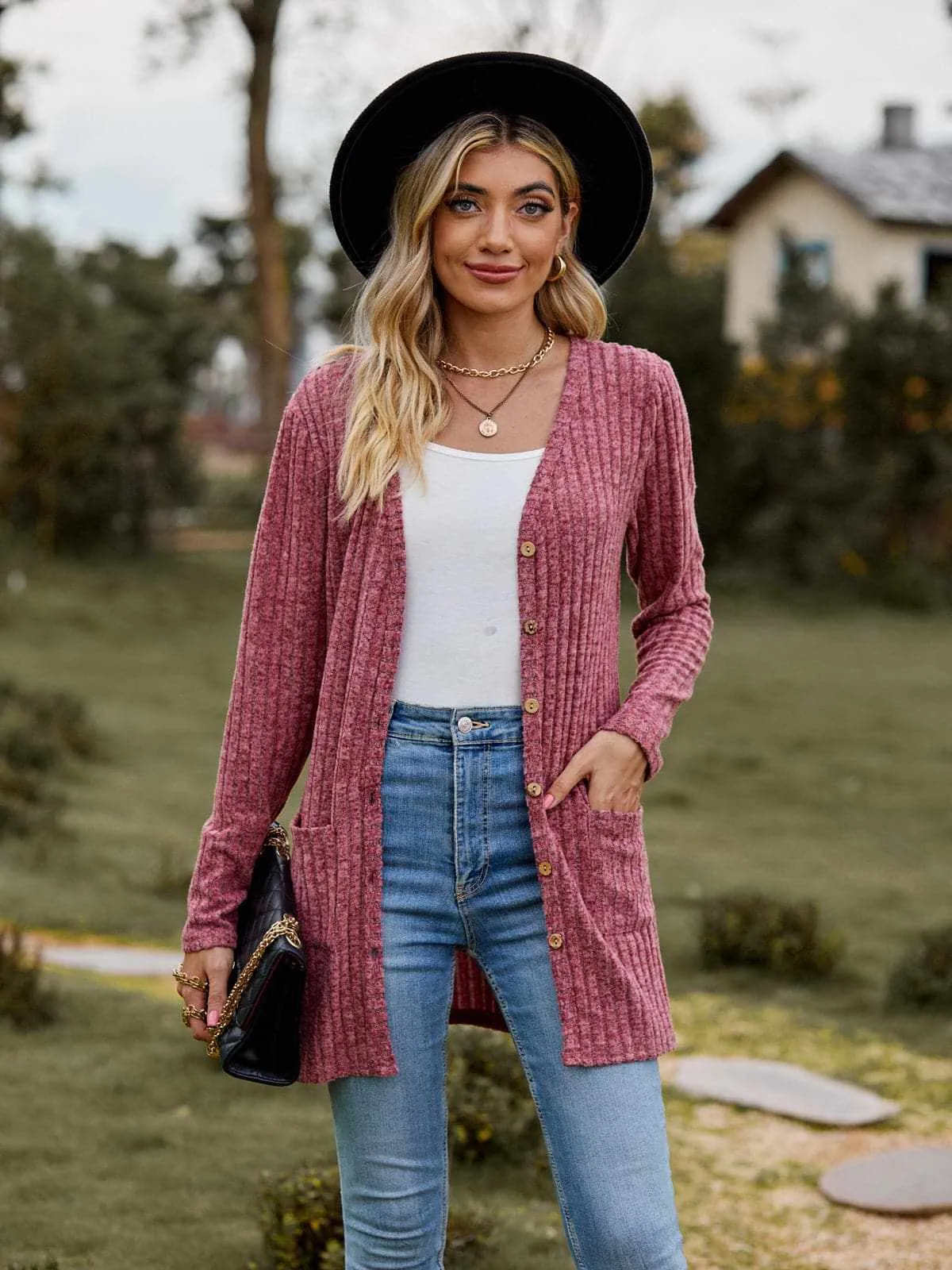 Heathered ribbed cardigan with pockets