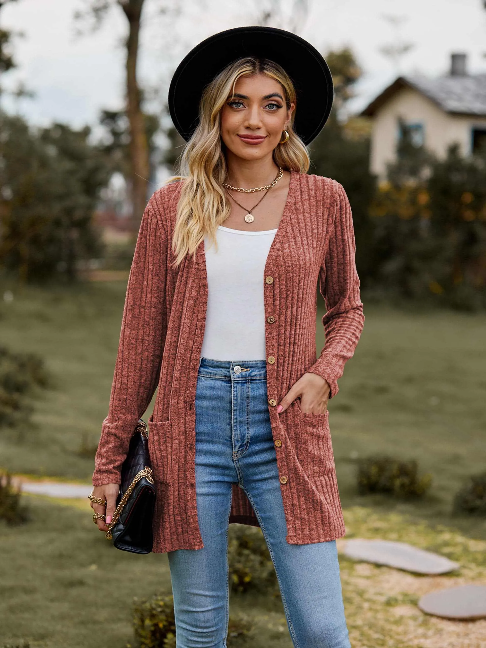 Heathered ribbed cardigan with pockets
