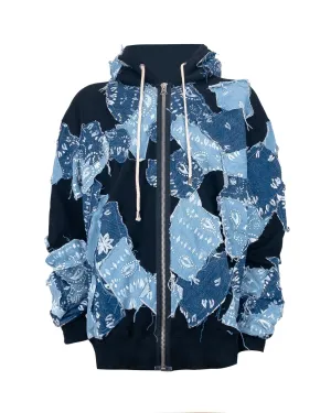 Hoodie Over Zip Patchwork Denim Bandana