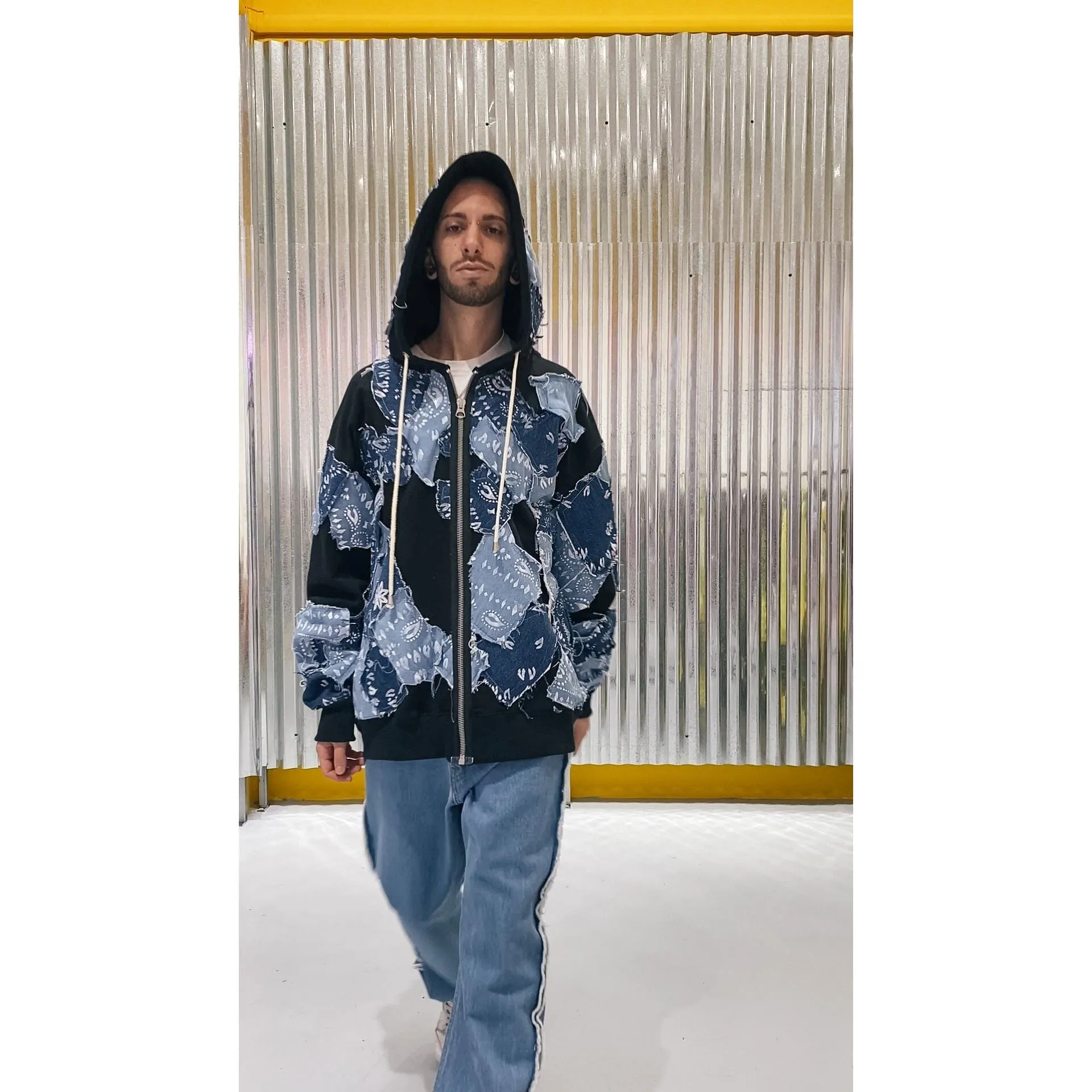 Hoodie Over Zip Patchwork Denim Bandana