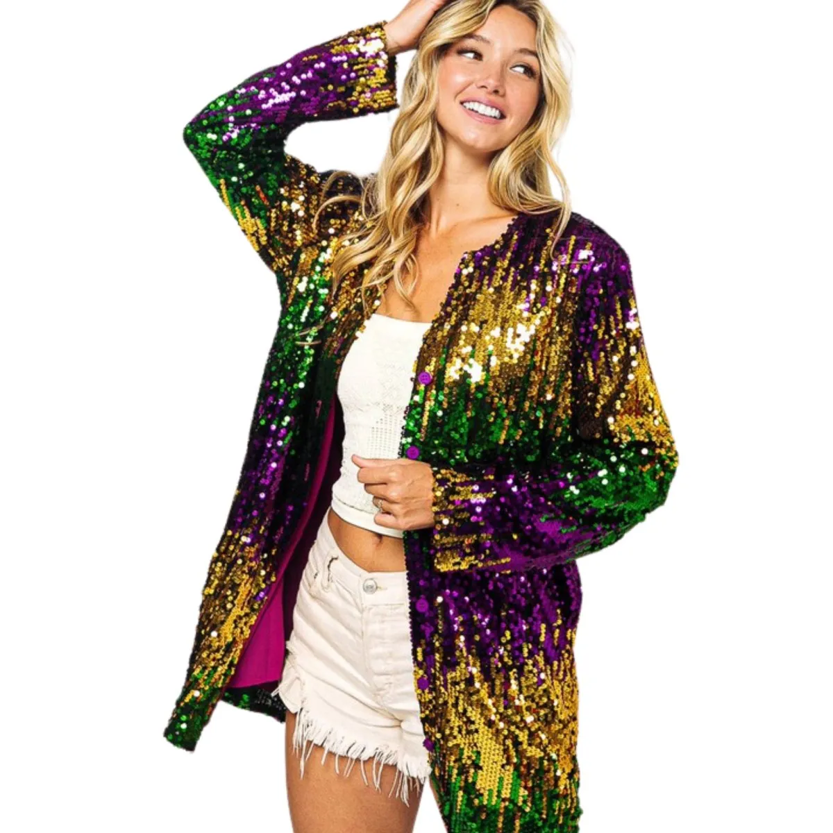 Ladies Mardi Gras Sequin Color Block Cardigan