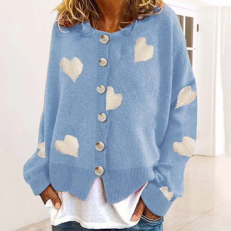 Ladies Round Neck Heart Botton Open Cardigan 2368