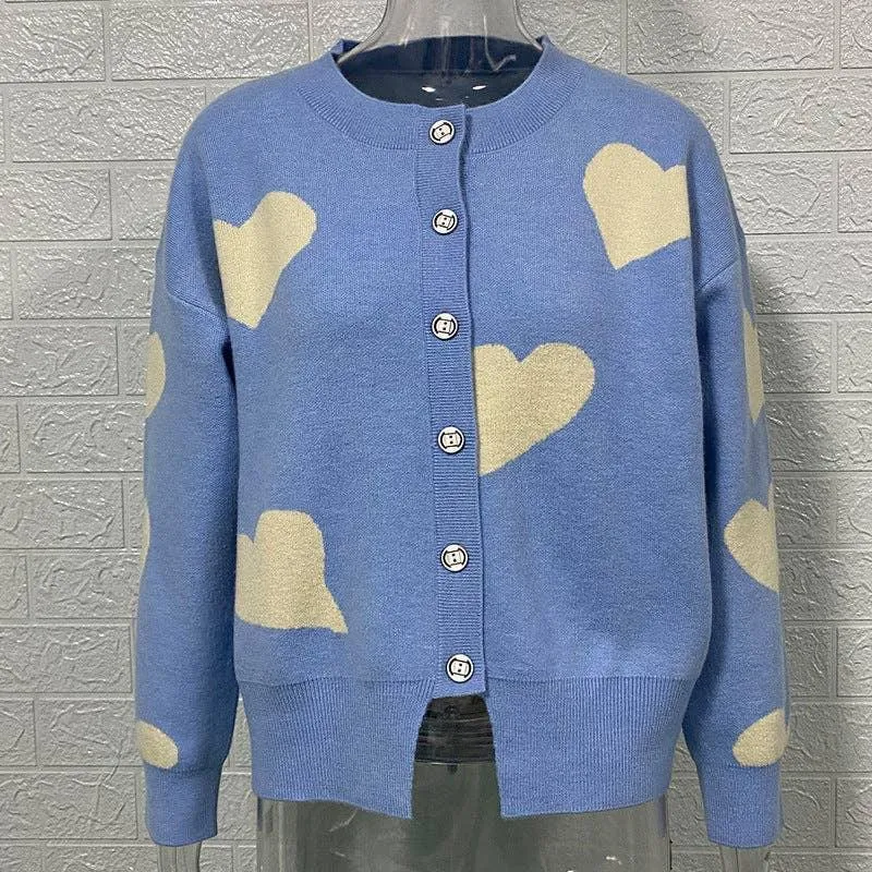 Ladies Round Neck Heart Botton Open Cardigan 2368