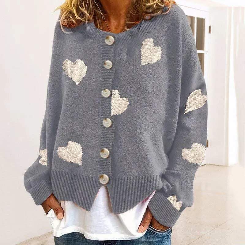 Ladies Round Neck Heart Botton Open Cardigan 2368