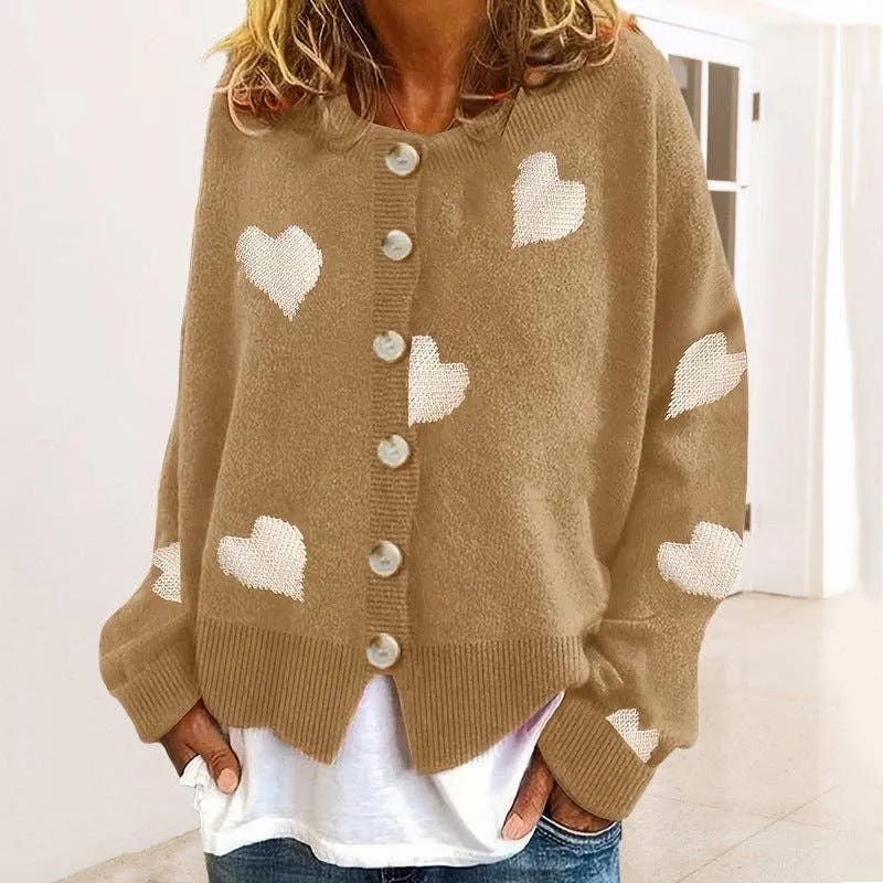 Ladies Round Neck Heart Botton Open Cardigan 2368