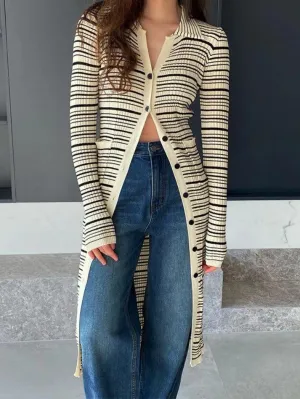 LANFUBEISI - Stripe V Neck Breasted Knit Long Cardigan