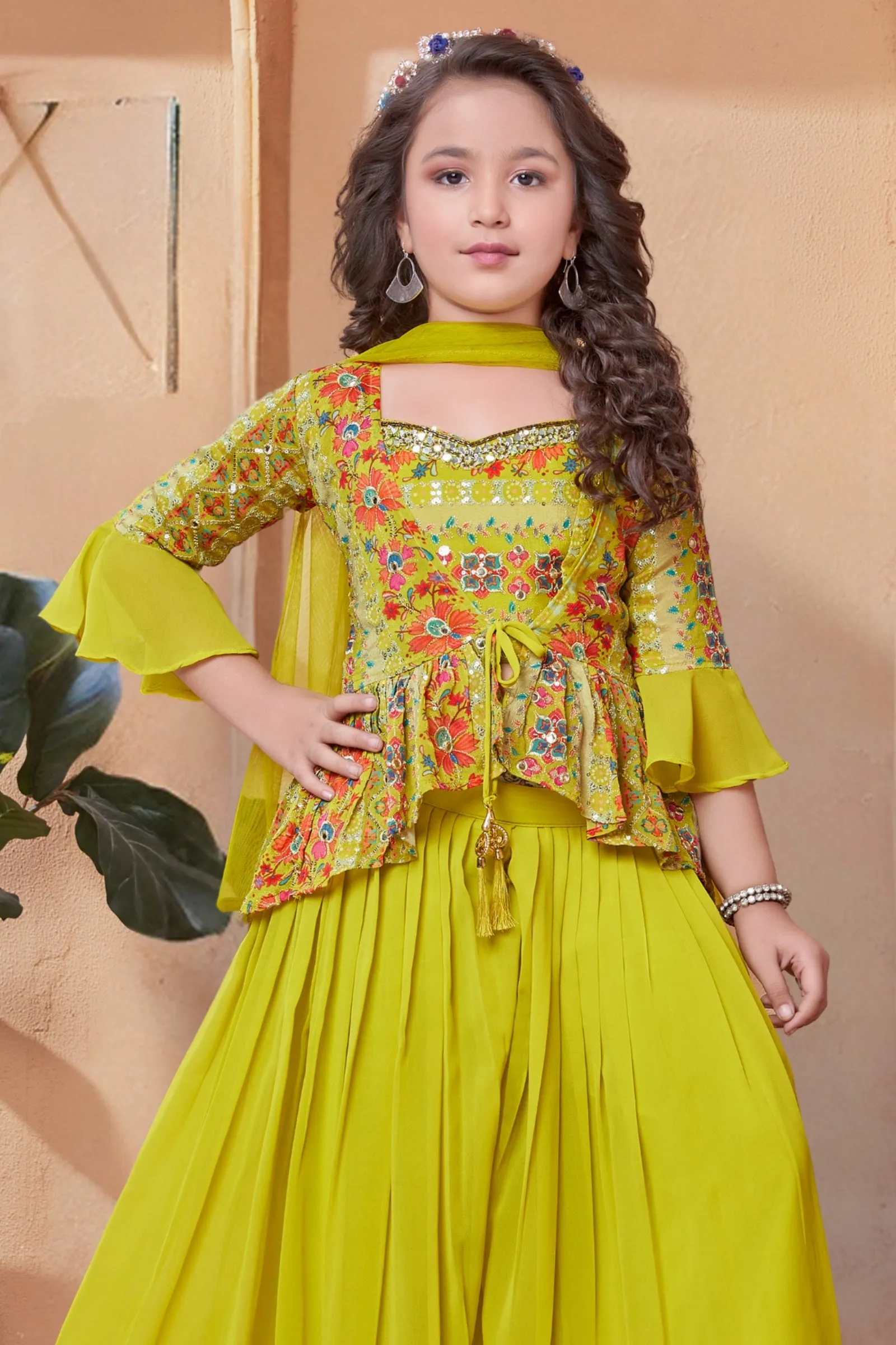 Lemon Green Sequins and Zari work with Digital Print Overcoat Styled Palazzo Set For Girls