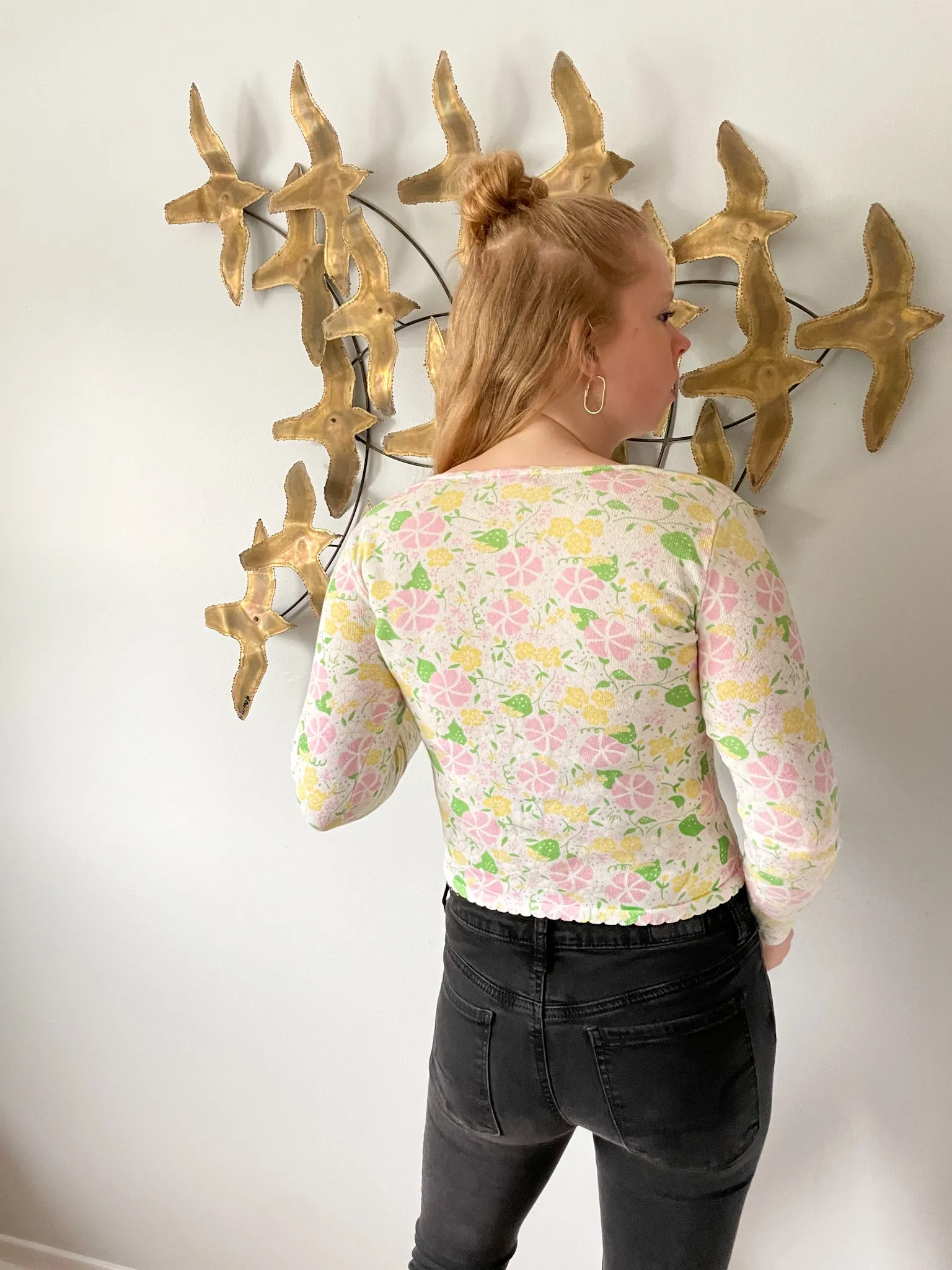 Lily Pulitzer Yellow Pink Floral Scalloped Cotton Cropped Button Up Cardigan - XS/S