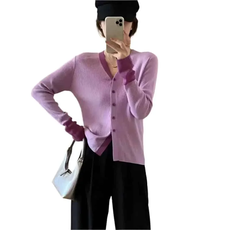 Long Sleeve Button Up V Neck Knit Cardigan