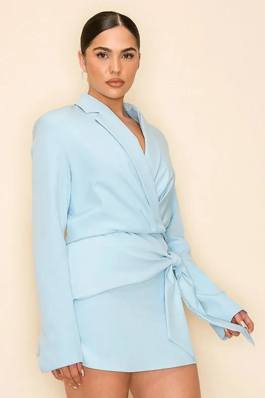 Long Sleeve Cropped Jacket with Collar BLUE