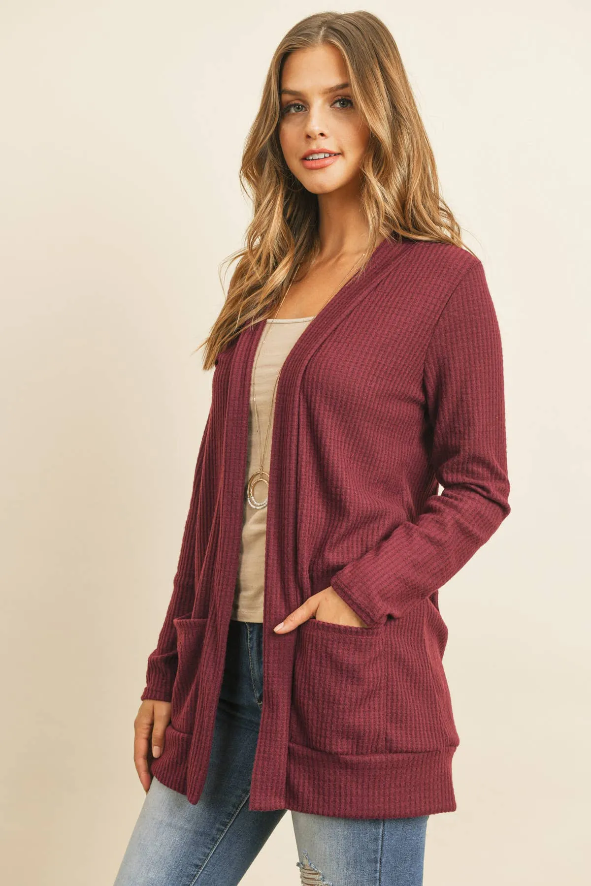 Long Sleeve Waffle Print Cozy Cardigan - Burgundy