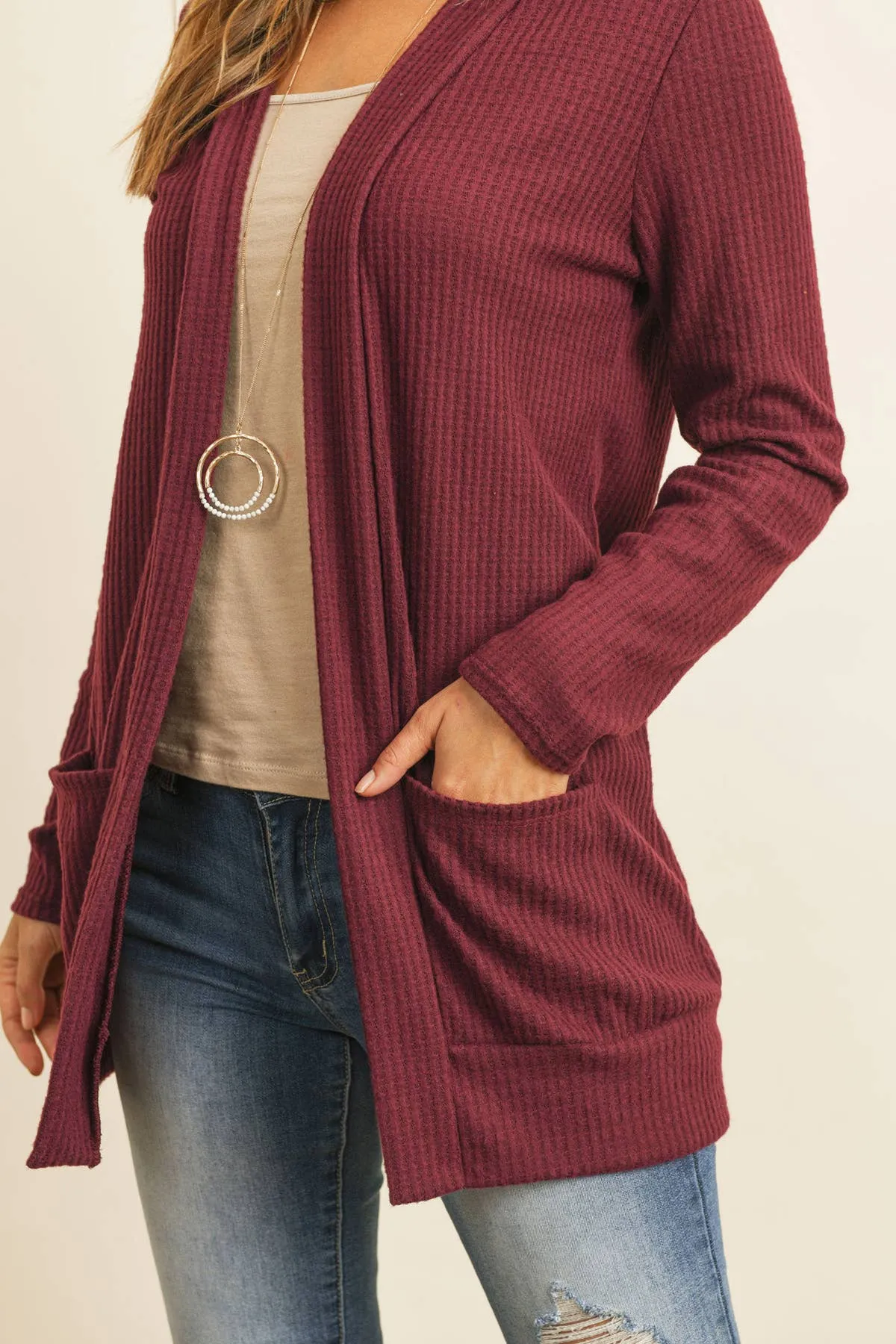 Long Sleeve Waffle Print Cozy Cardigan - Burgundy