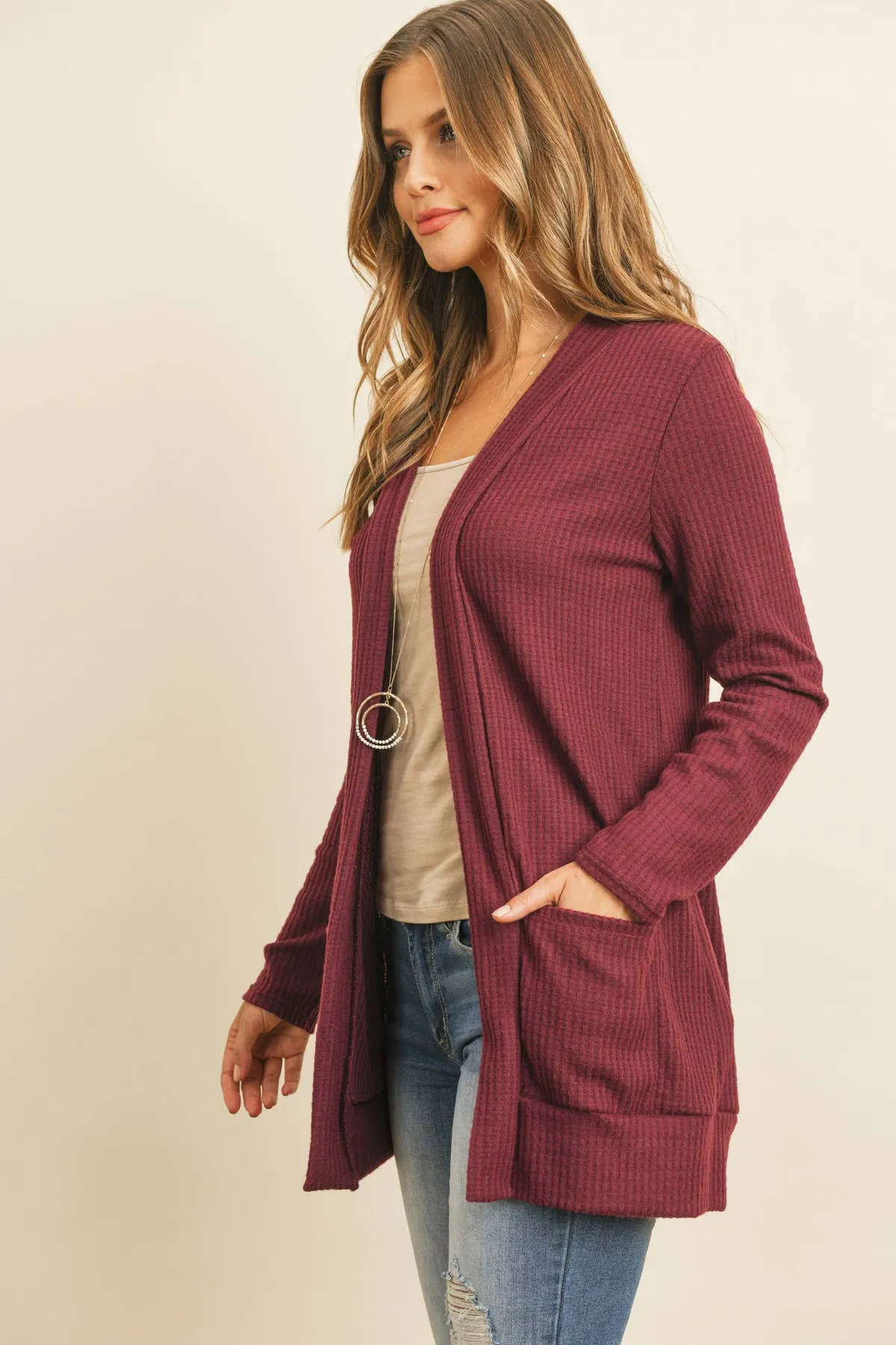 Long Sleeve Waffle Print Cozy Cardigan - Burgundy