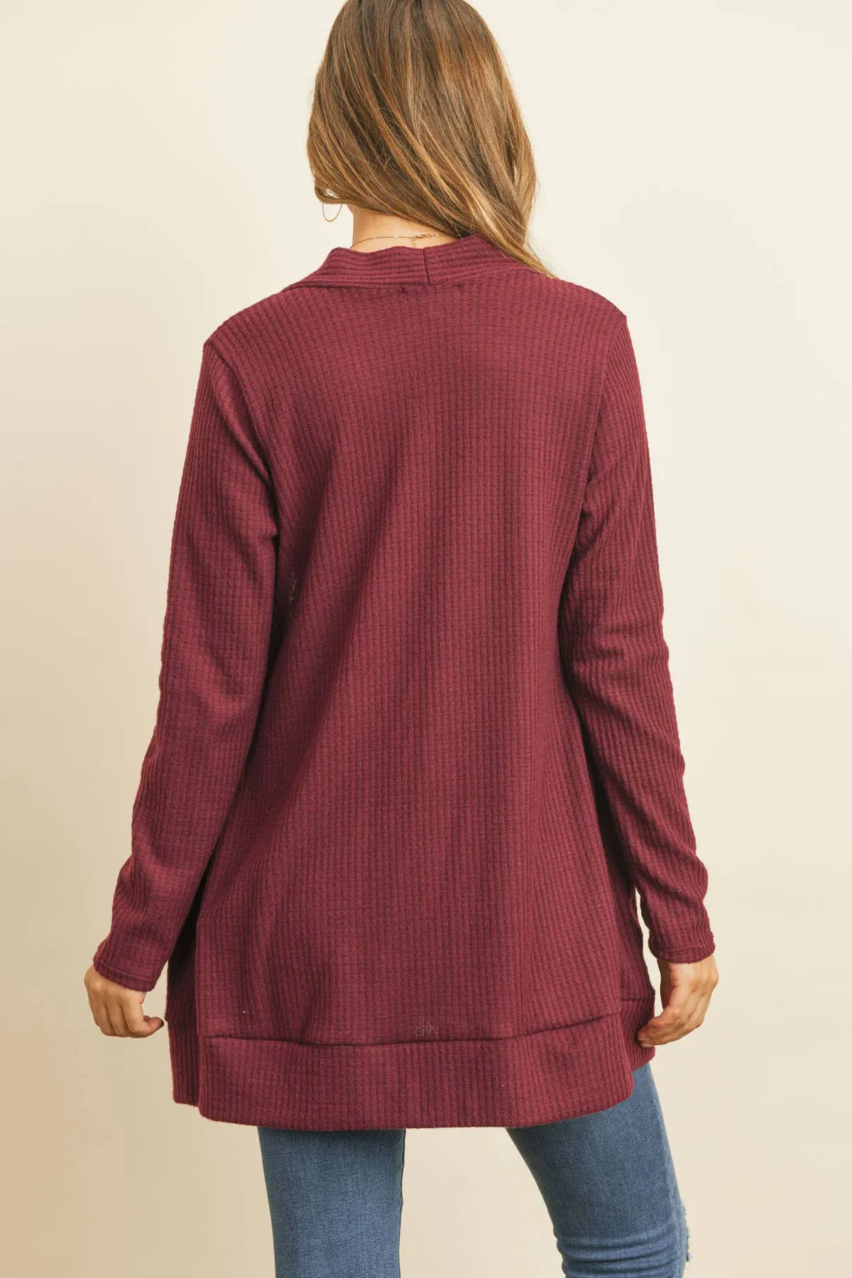 Long Sleeve Waffle Print Cozy Cardigan - Burgundy