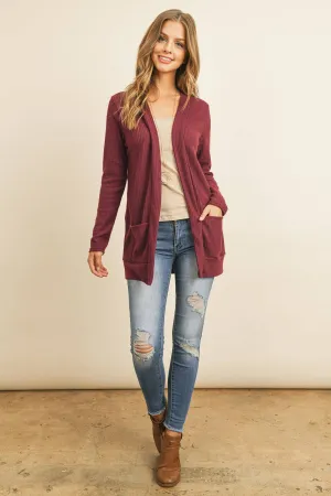 Long Sleeve Waffle Print Cozy Cardigan - Burgundy