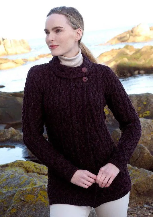 Meath Side Button Aran Cardigan | Plum