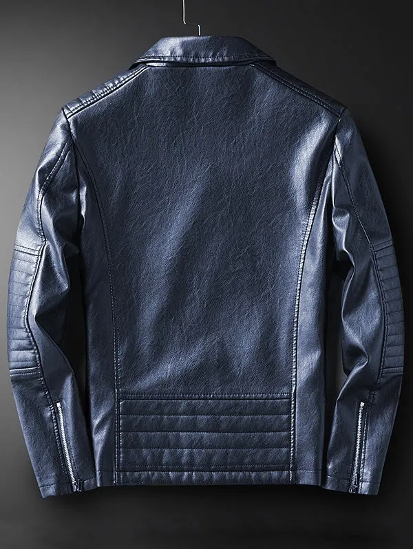 Men's Lapel Side Button Zipper Faux Leather Biker Jacket