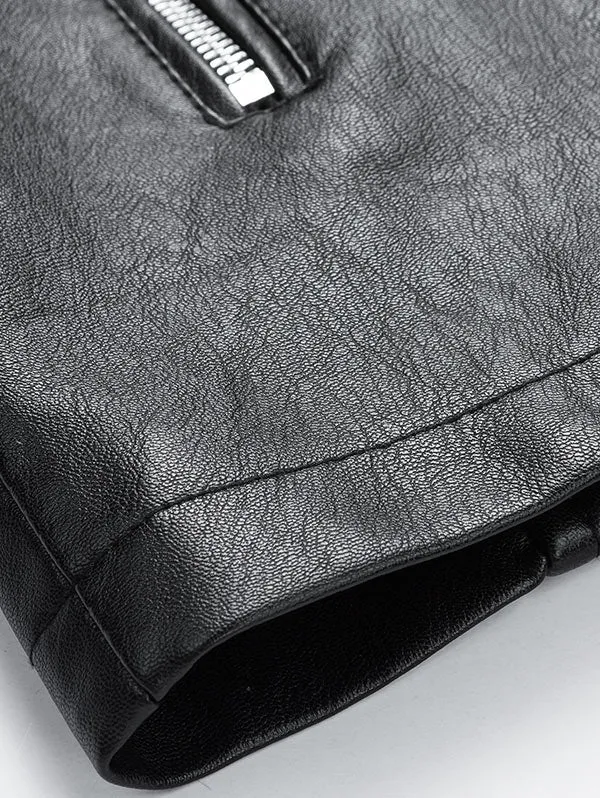 Men's Lapel Side Button Zipper Faux Leather Biker Jacket