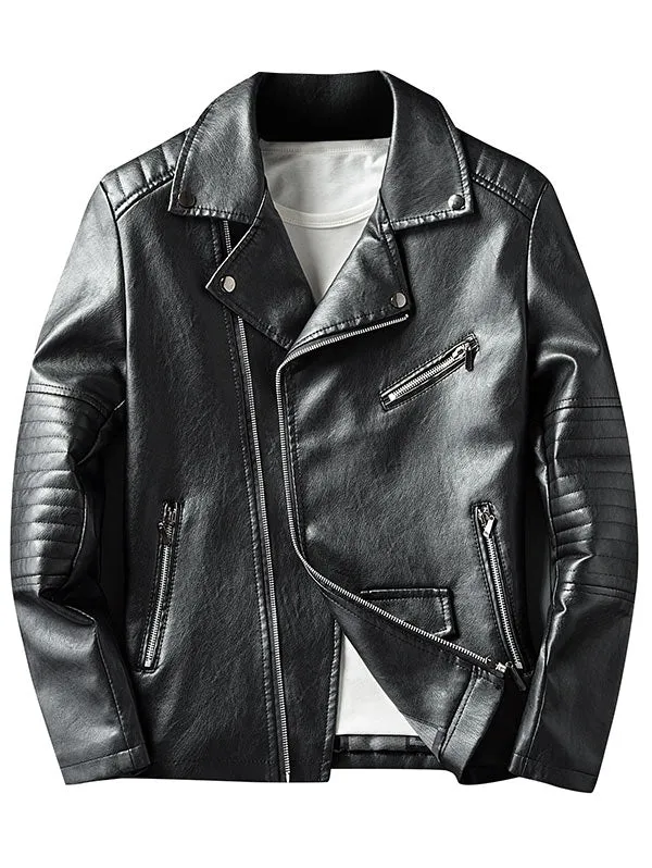 Men's Lapel Side Button Zipper Faux Leather Biker Jacket