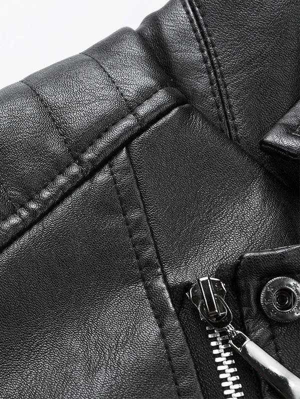 Men's Lapel Side Button Zipper Faux Leather Biker Jacket