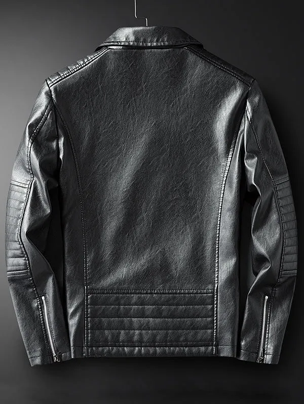 Men's Lapel Side Button Zipper Faux Leather Biker Jacket