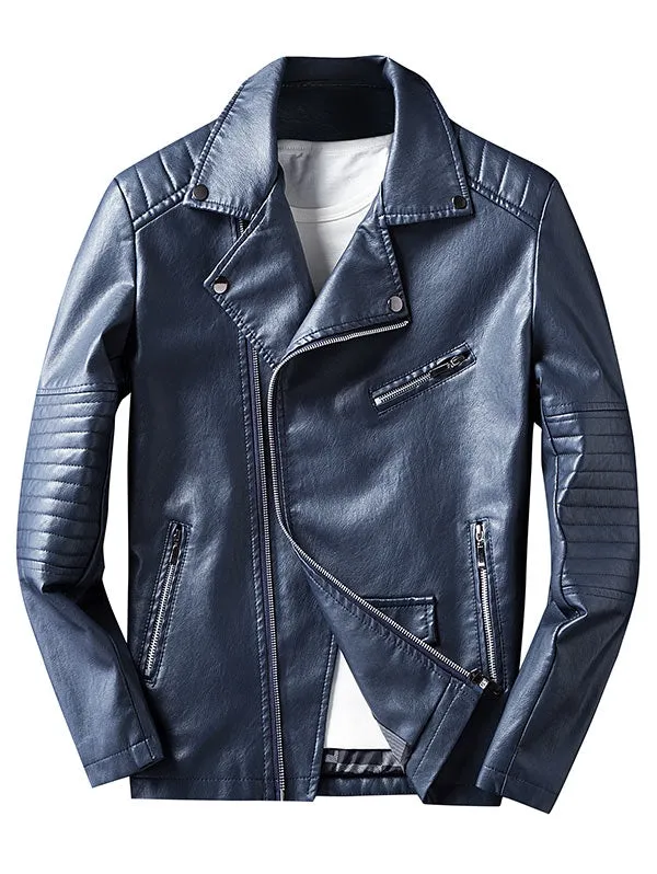 Men's Lapel Side Button Zipper Faux Leather Biker Jacket