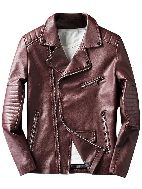Men's Lapel Side Button Zipper Faux Leather Biker Jacket
