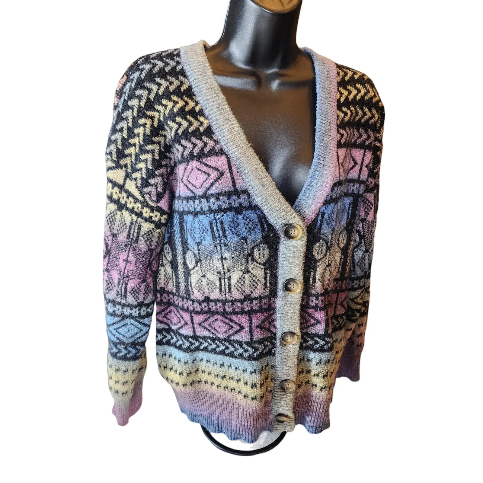 Paris Hues Cardigan Sweater Women Large Fair Isle Colorful Knit Boho Chic V Neck