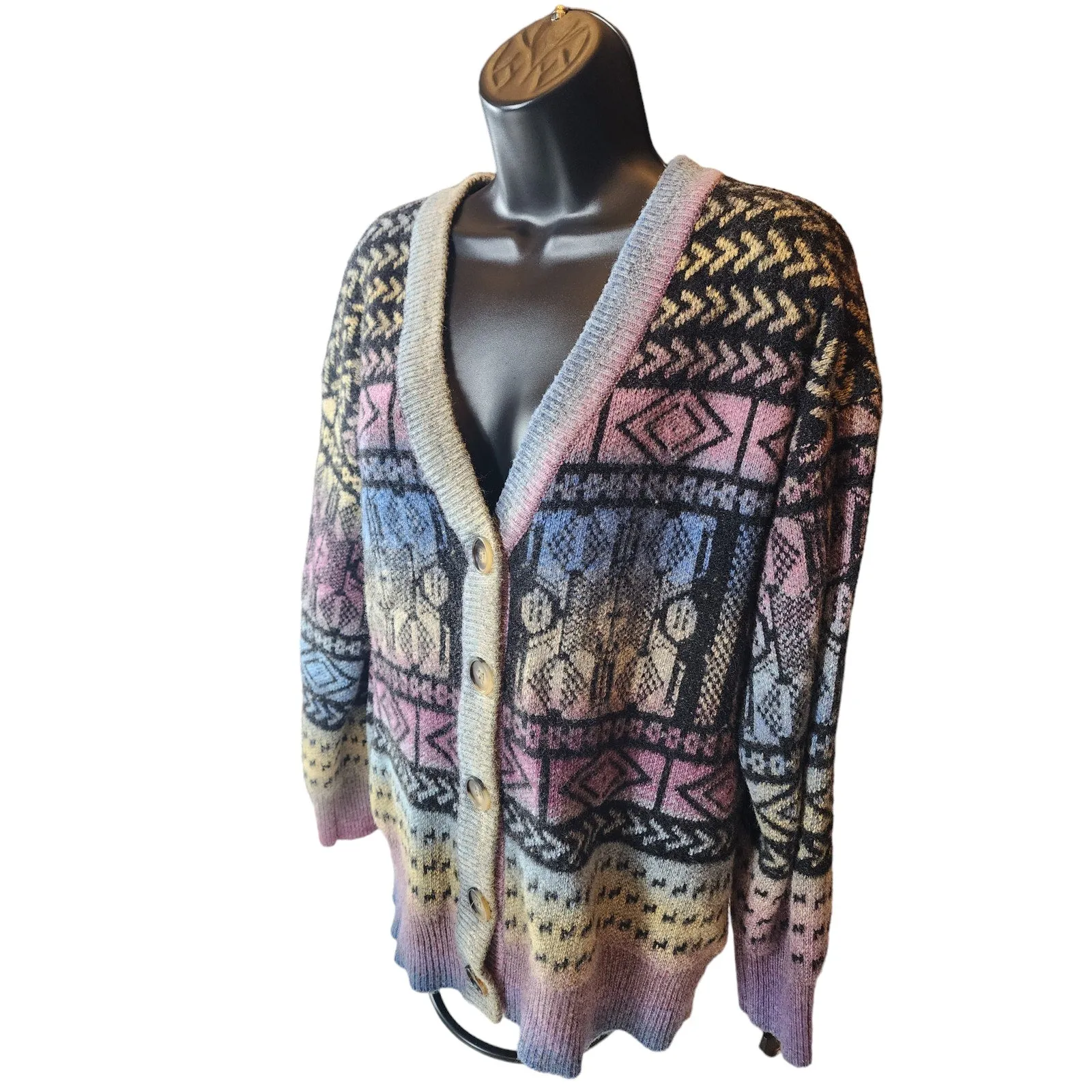 Paris Hues Cardigan Sweater Women Large Fair Isle Colorful Knit Boho Chic V Neck