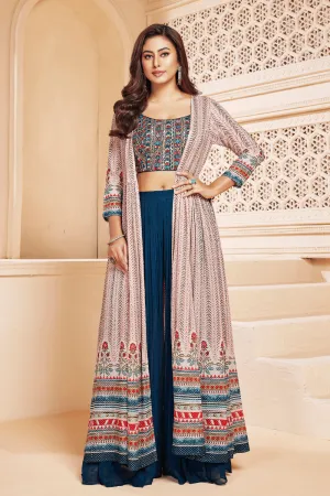 Peacock Blue with Light Pink Mirror, Thread and Sequins work Long Over Coat Crop Top Palazzo Set