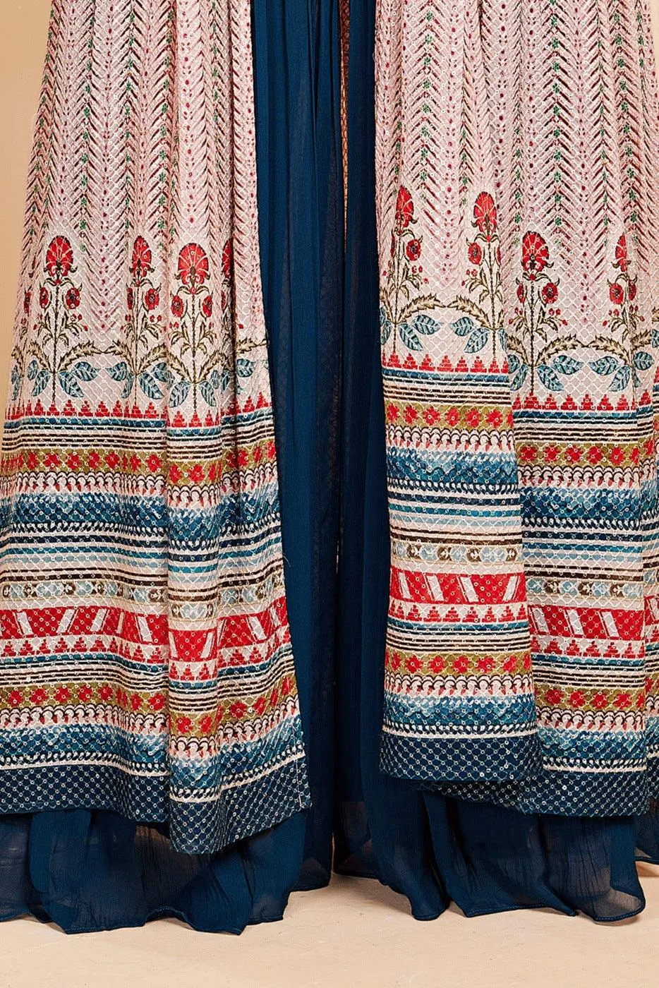Peacock Blue with Light Pink Mirror, Thread and Sequins work Long Over Coat Crop Top Palazzo Set
