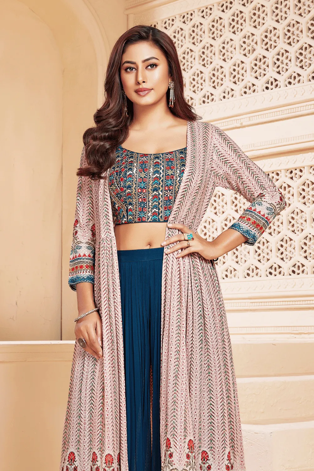 Peacock Blue with Light Pink Mirror, Thread and Sequins work Long Over Coat Crop Top Palazzo Set