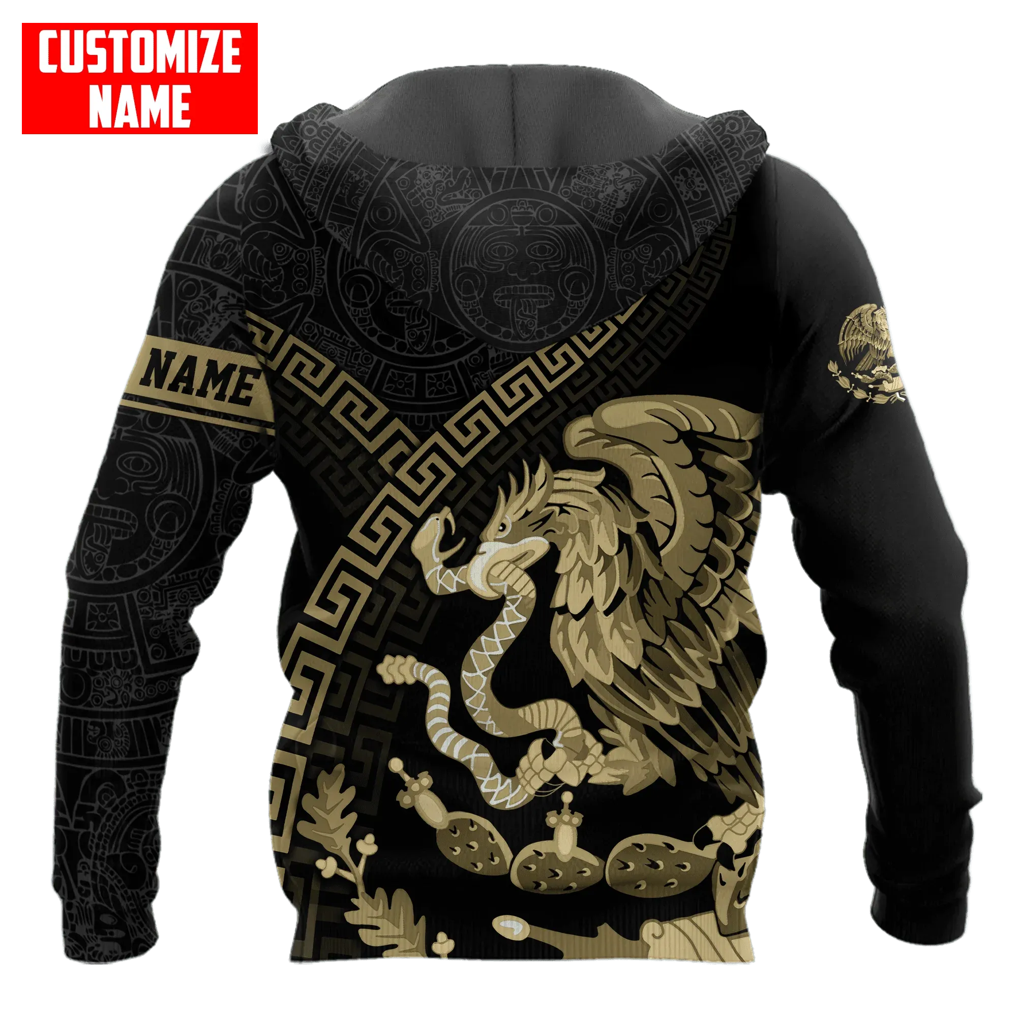 Personalized Mexico Aztec Gold Hoodie, Mexican Aztec Hoodie 3D For Men And Women, Aztec Hoodie