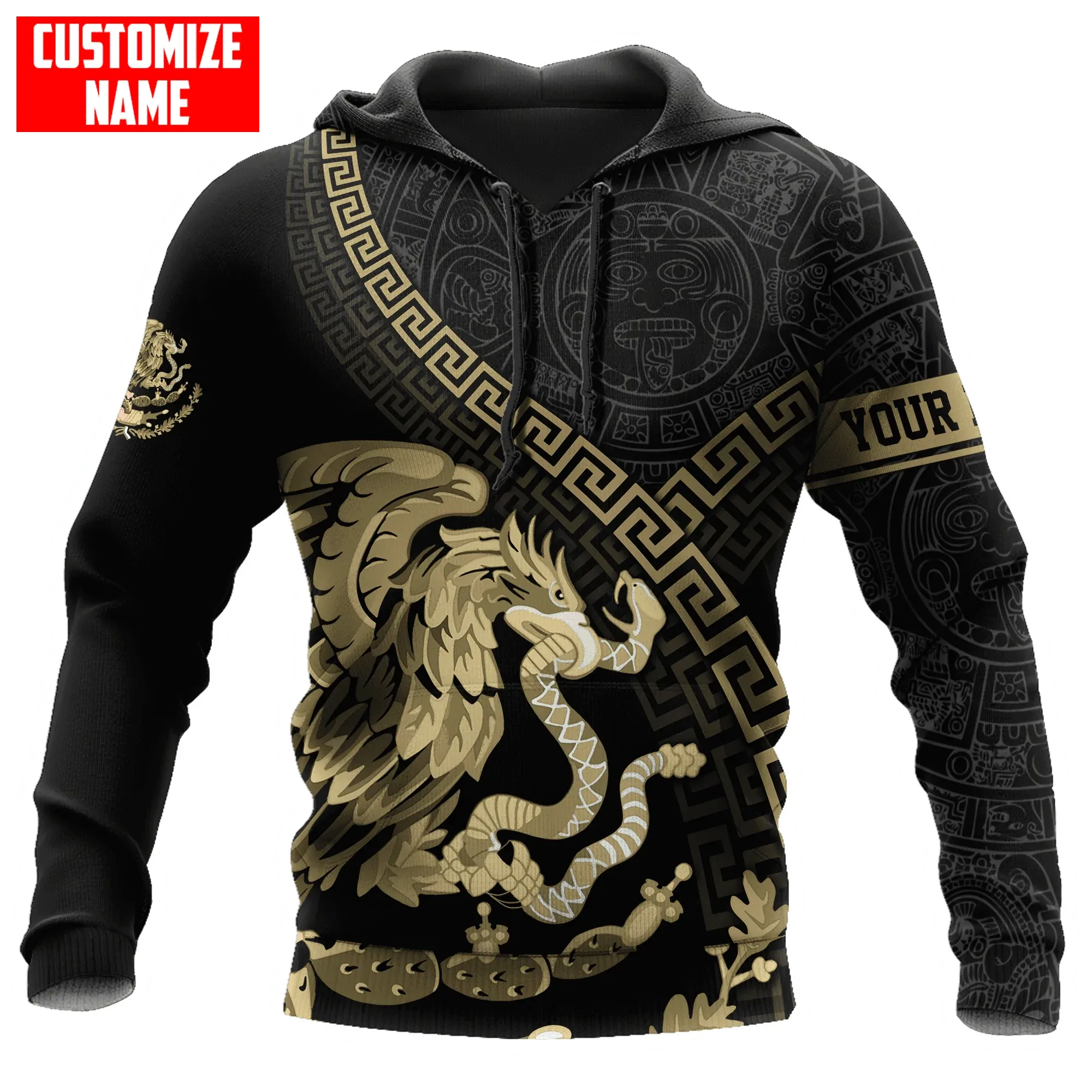 Personalized Mexico Aztec Gold Hoodie, Mexican Aztec Hoodie 3D For Men And Women, Aztec Hoodie