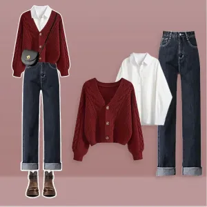 Preppy V-Neck Cardigan Sweater Shirt Denim Pants Three Piece Set
